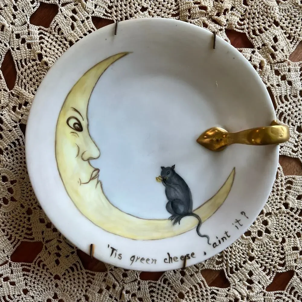 Vintage MCM Royal Bavaria Man in Moon Plate Porcelain Wall Hanging Cheese Quote